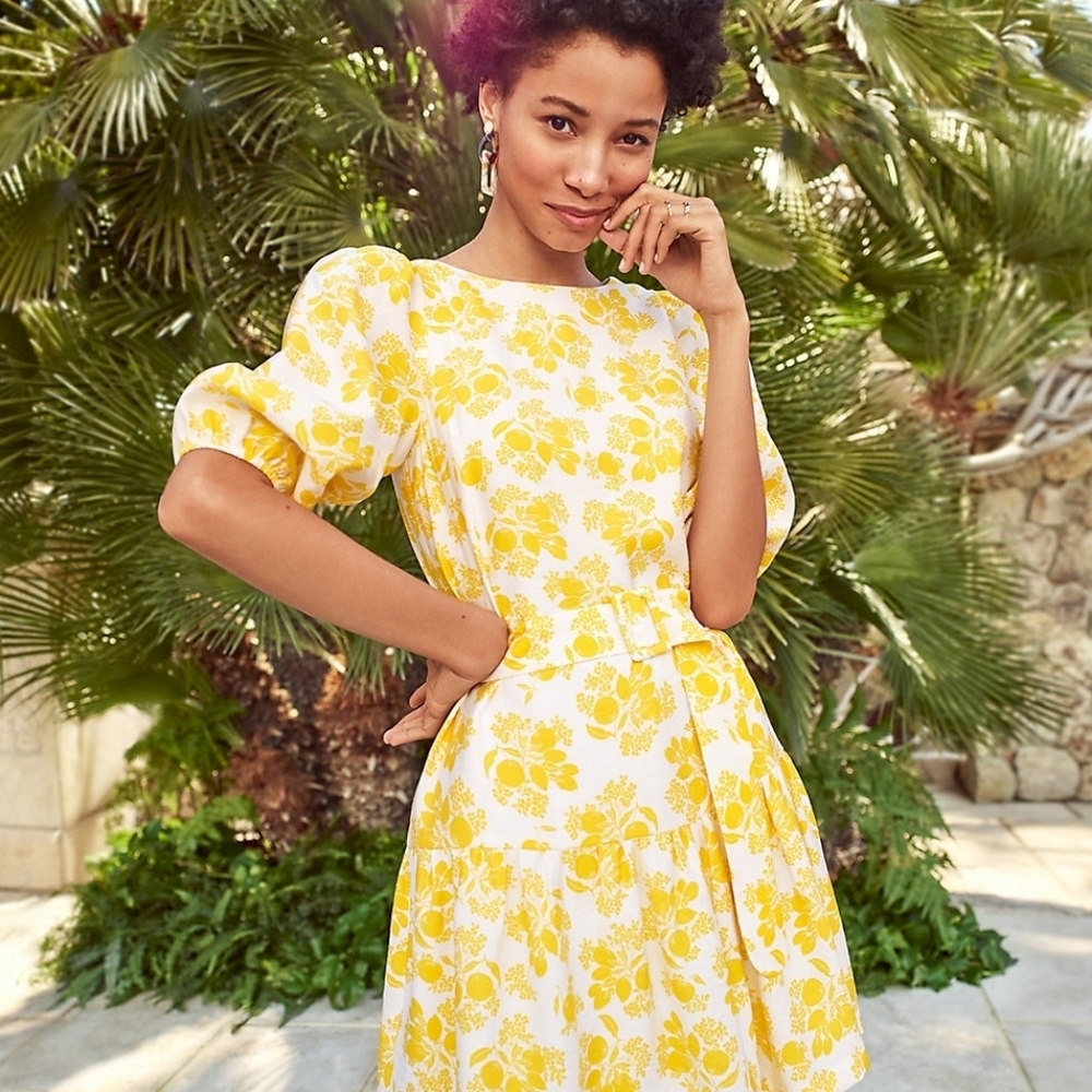 Citrus Blossom Belted Flounce Shift Dress